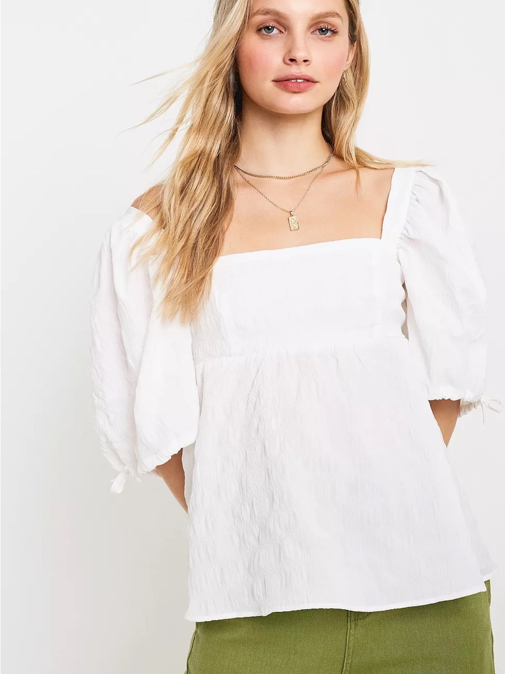 Urban Outfitters White Puff-Sleeve Square-Neck Top